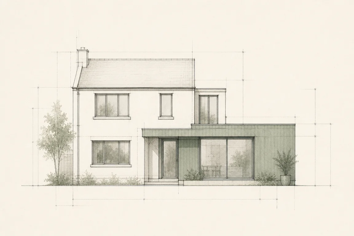 Szkic architektoniczny domu z nową rozbudową